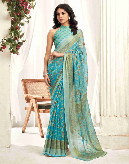 Blue Chiffon Woven Printed Saree