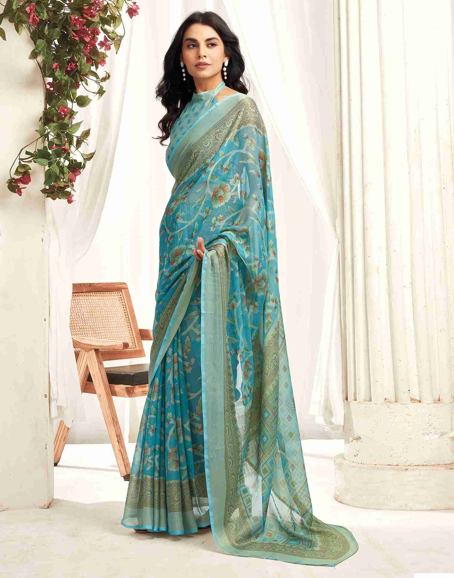 Blue Chiffon Woven Printed Saree