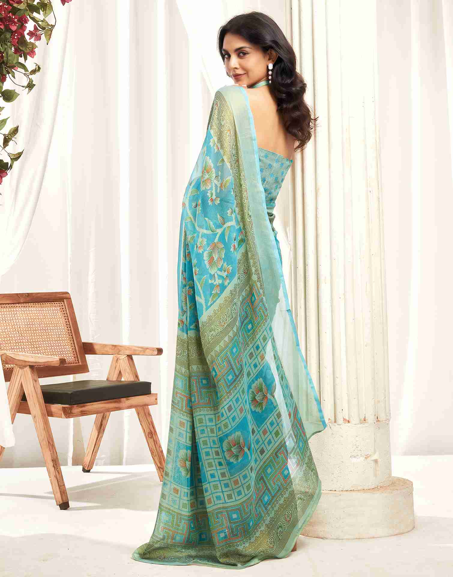 Blue Chiffon Woven Printed Saree