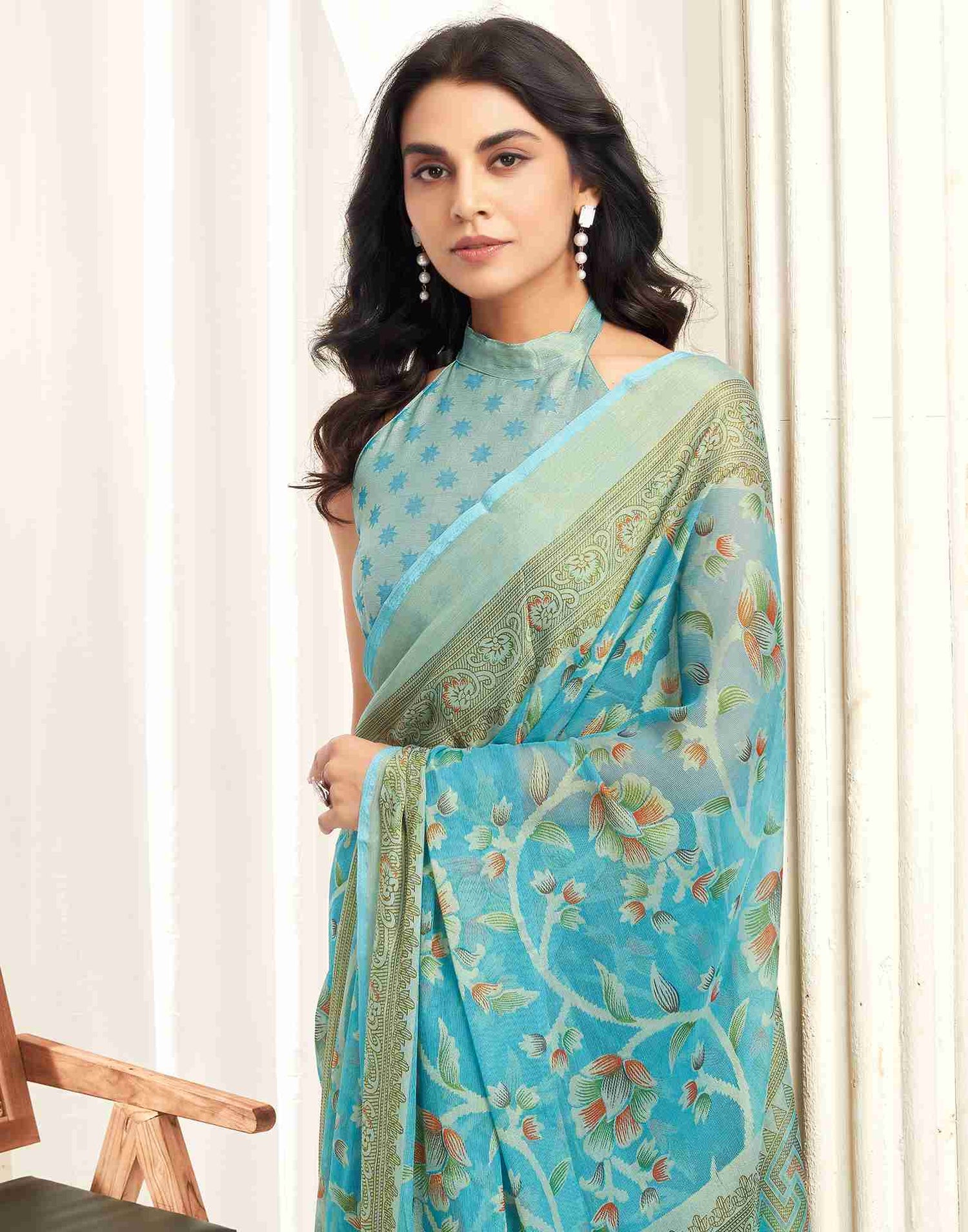 Blue Chiffon Woven Printed Saree