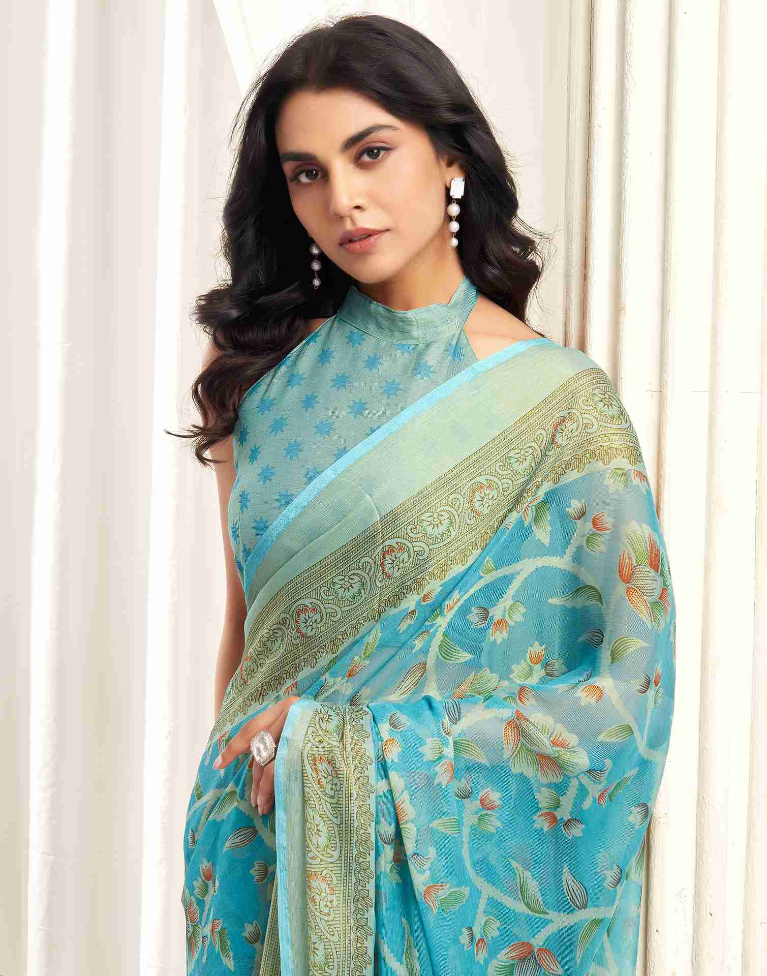 Blue Chiffon Woven Printed Saree