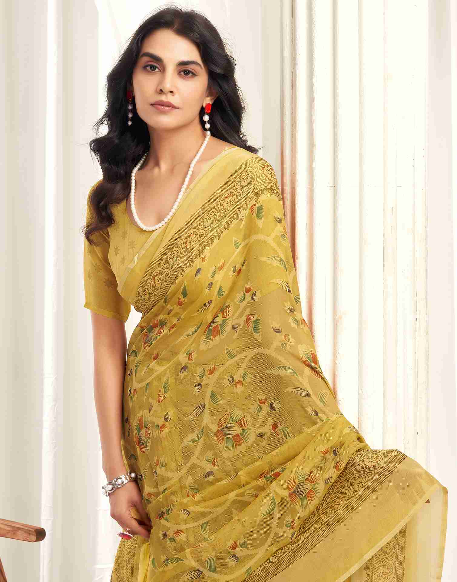 Pastel Yellow Chiffon Woven Printed Saree