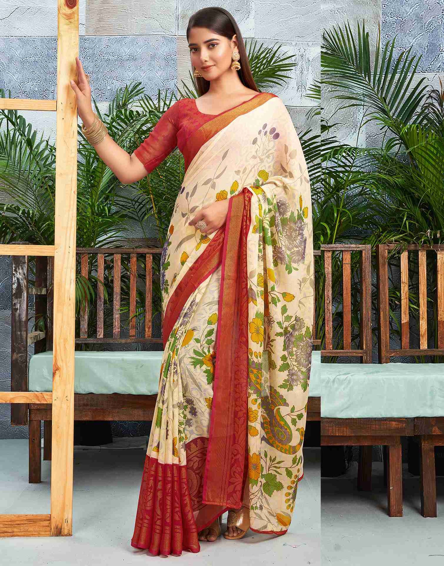 Cream Chiffon Woven Printed Saree