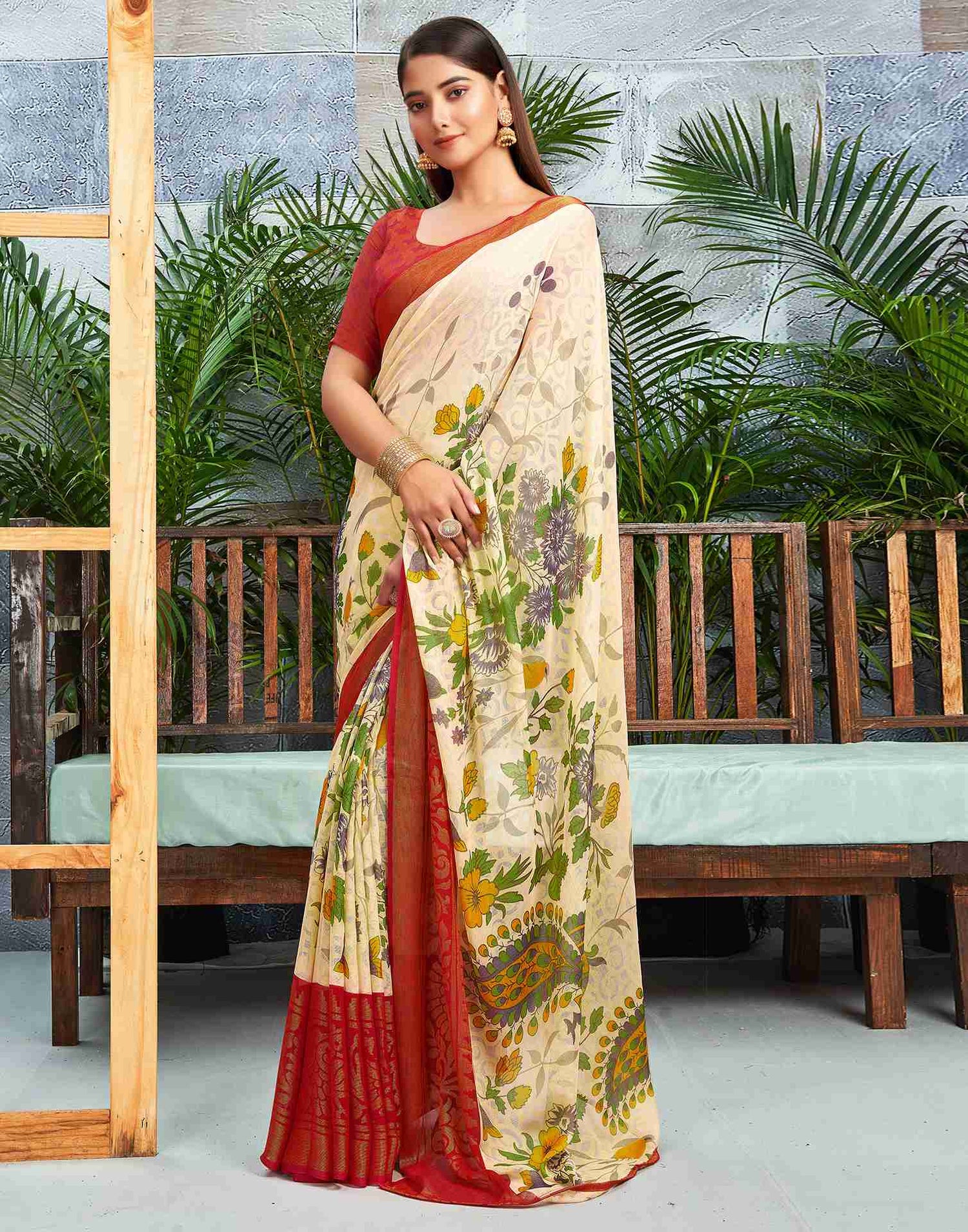 Cream Chiffon Woven Printed Saree