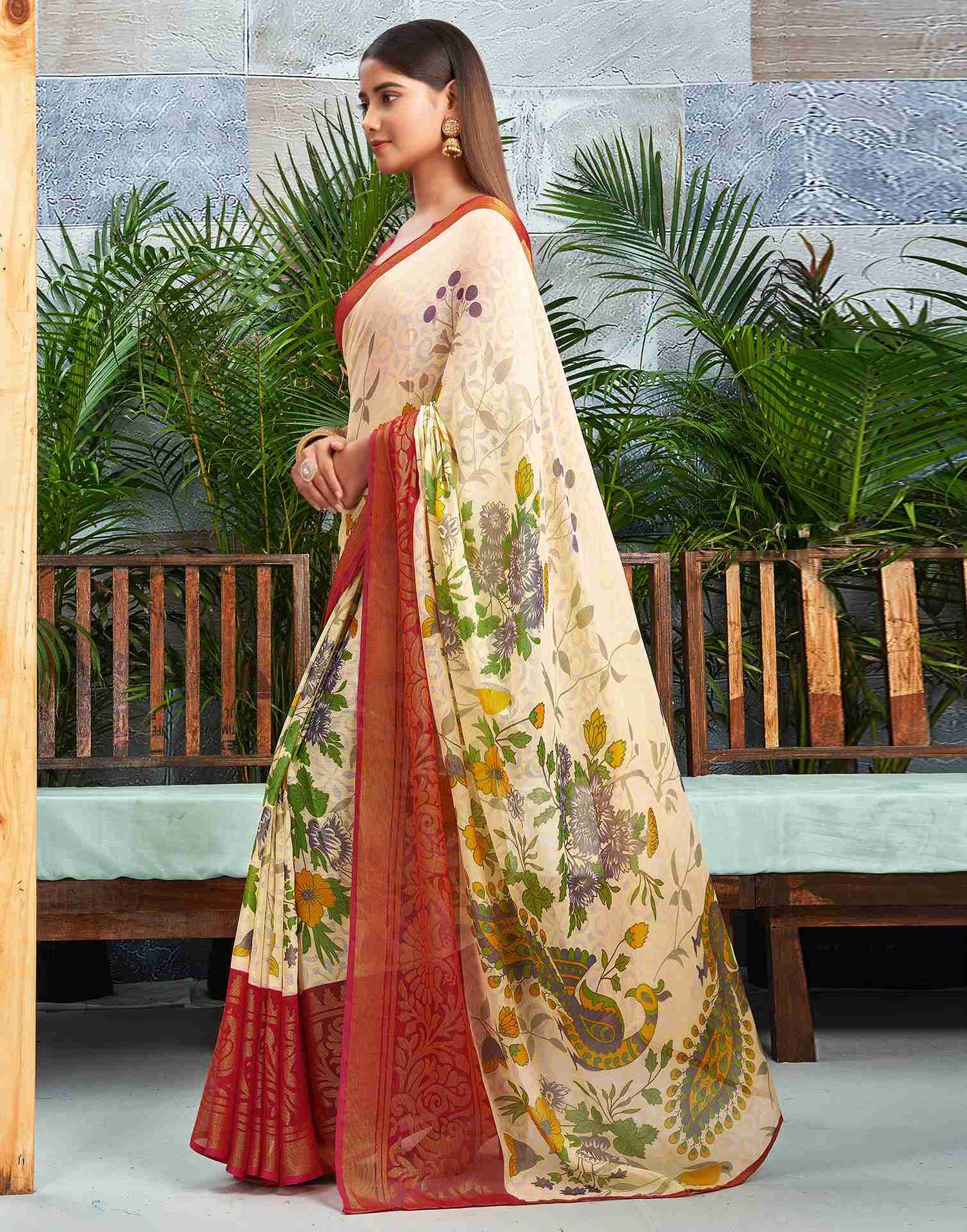 Cream Chiffon Woven Printed Saree