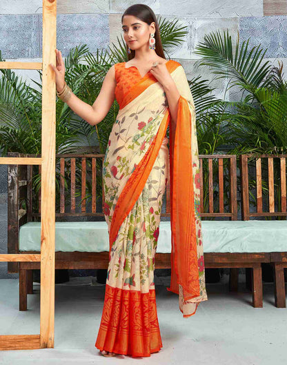 Cream Chiffon Woven Printed Saree