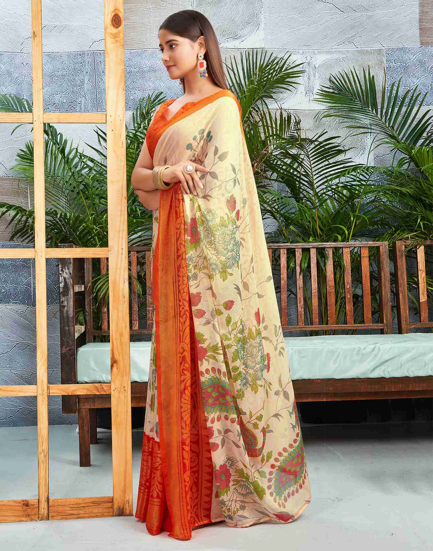 Cream Chiffon Woven Printed Saree