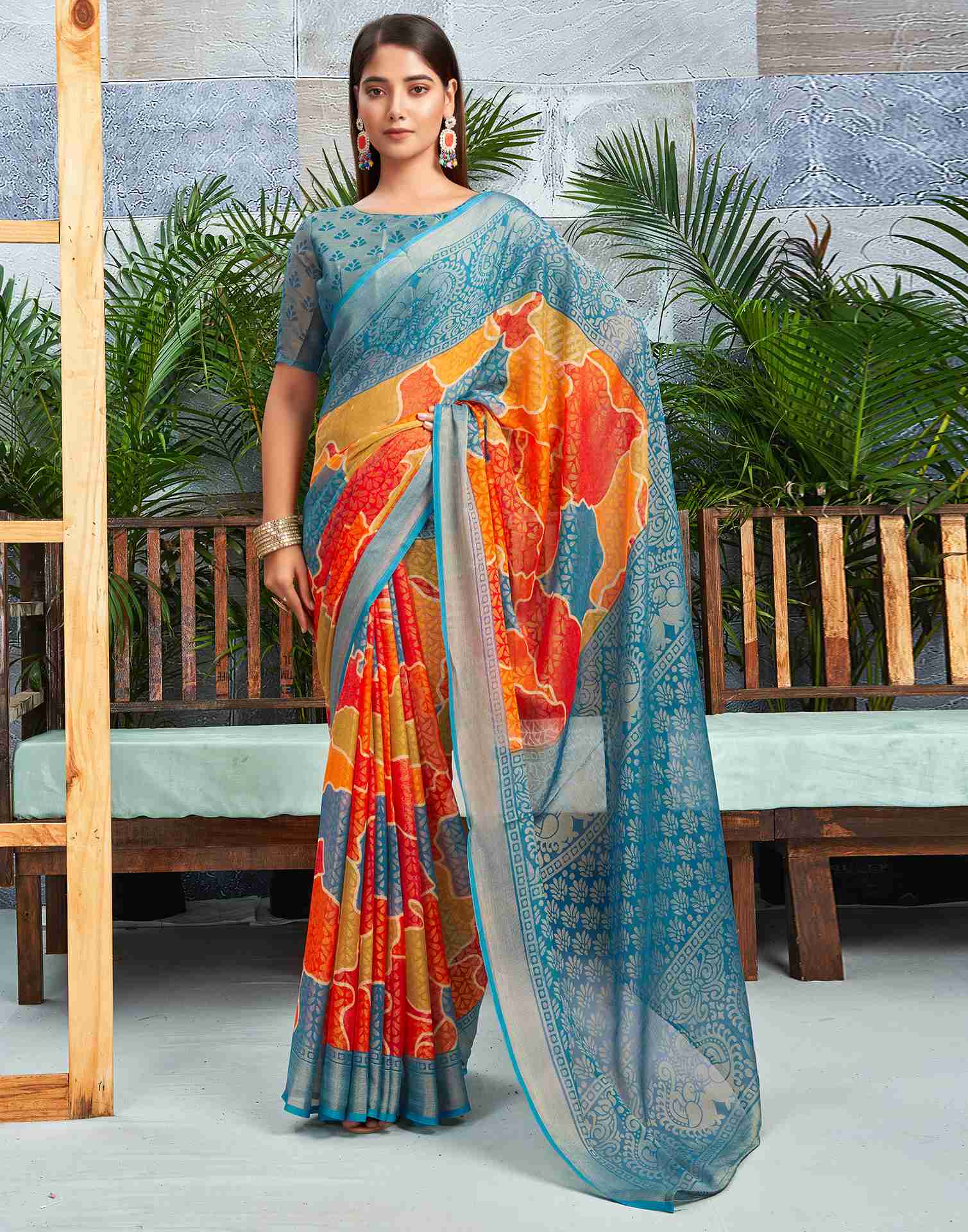 Teal Blue Chiffon Woven Printed Saree