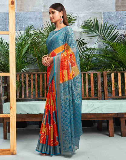 Teal Blue Chiffon Woven Printed Saree