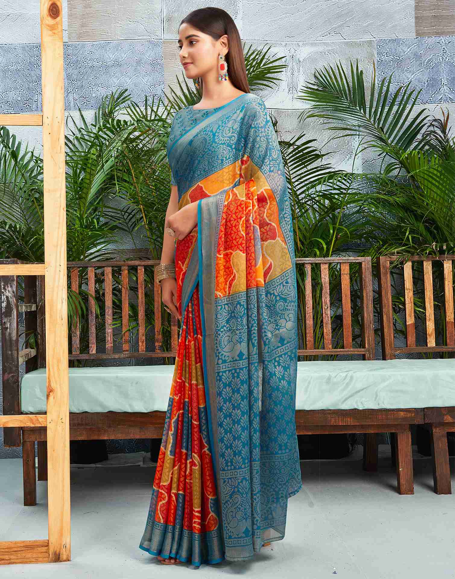 Teal Blue Chiffon Woven Printed Saree