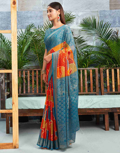 Teal Blue Chiffon Woven Printed Saree