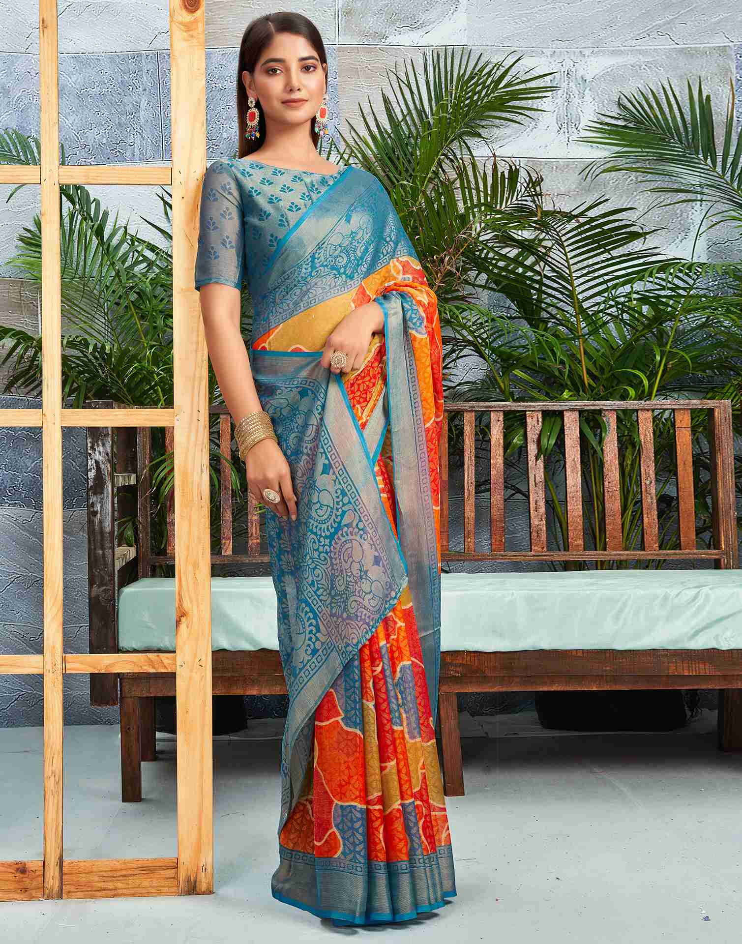 Teal Blue Chiffon Woven Printed Saree