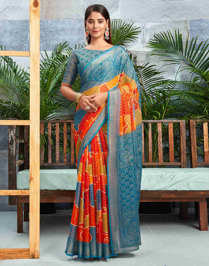 Teal Blue Chiffon Woven Printed Saree