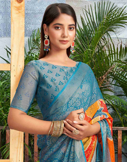 Teal Blue Chiffon Woven Printed Saree