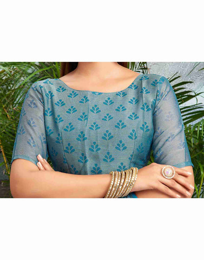 Teal Blue Chiffon Woven Printed Saree