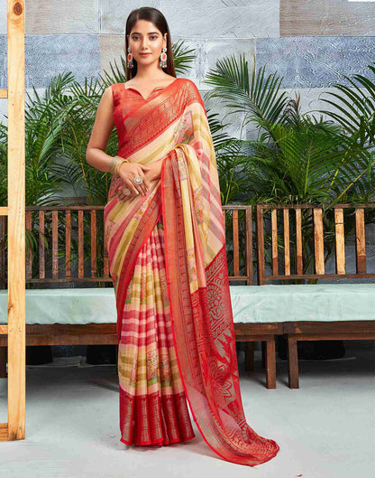 Red Chiffon Woven Printed Saree