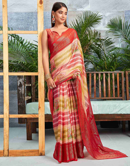 Red Chiffon Woven Printed Saree