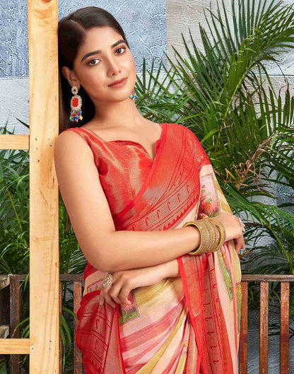 Red Chiffon Woven Printed Saree