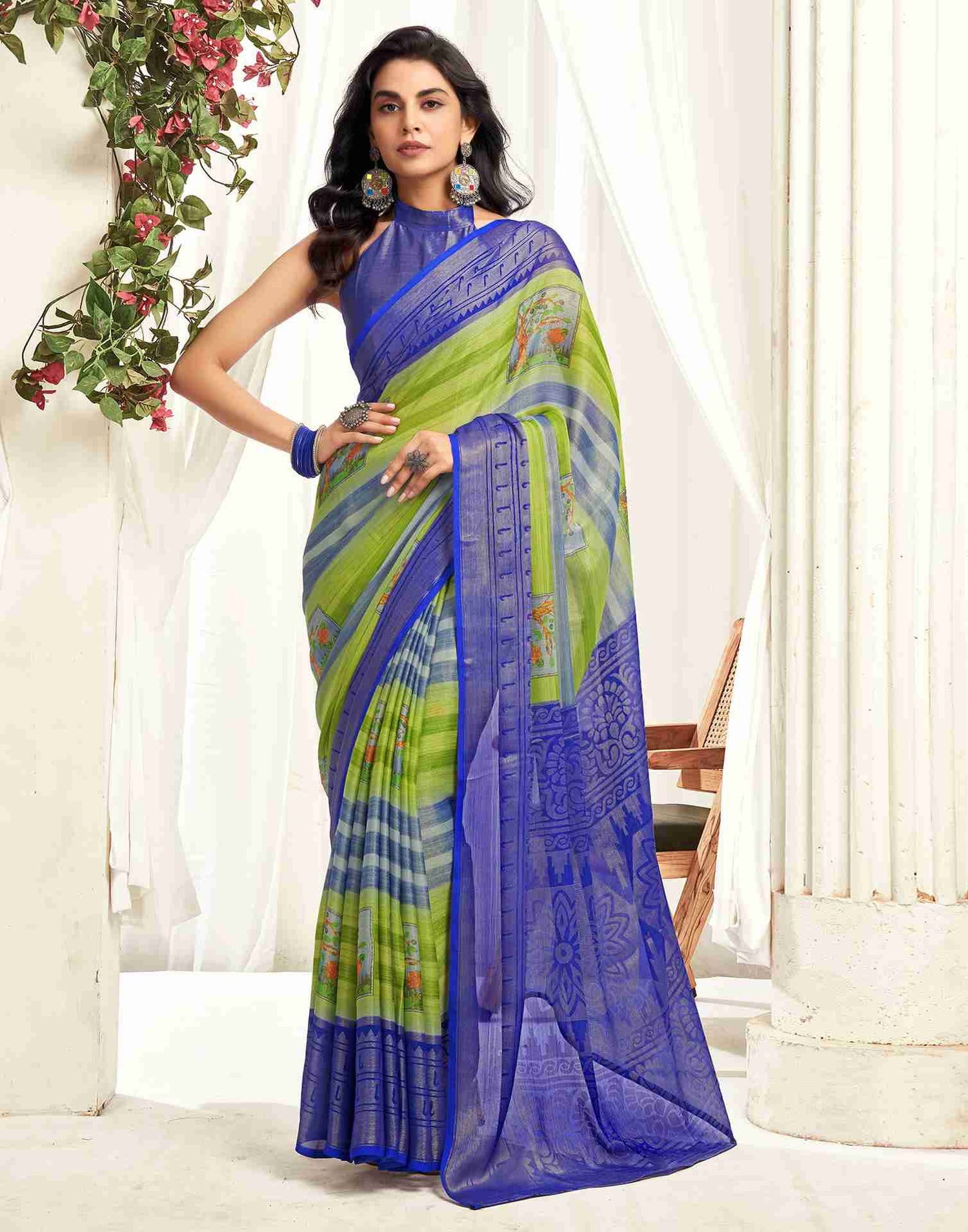 Green Chiffon Woven Printed Saree