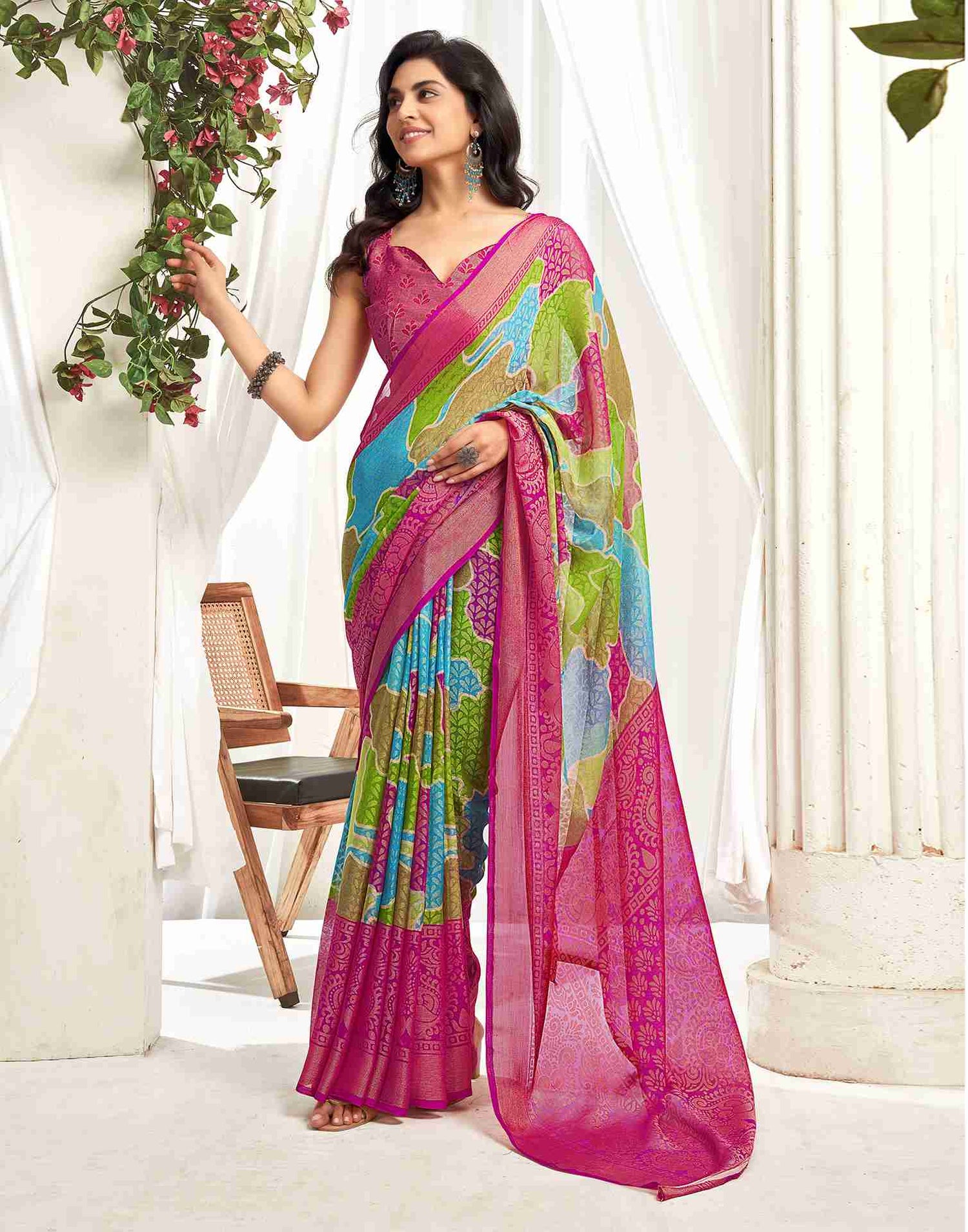 Rani Pink Chiffon Woven Printed Saree