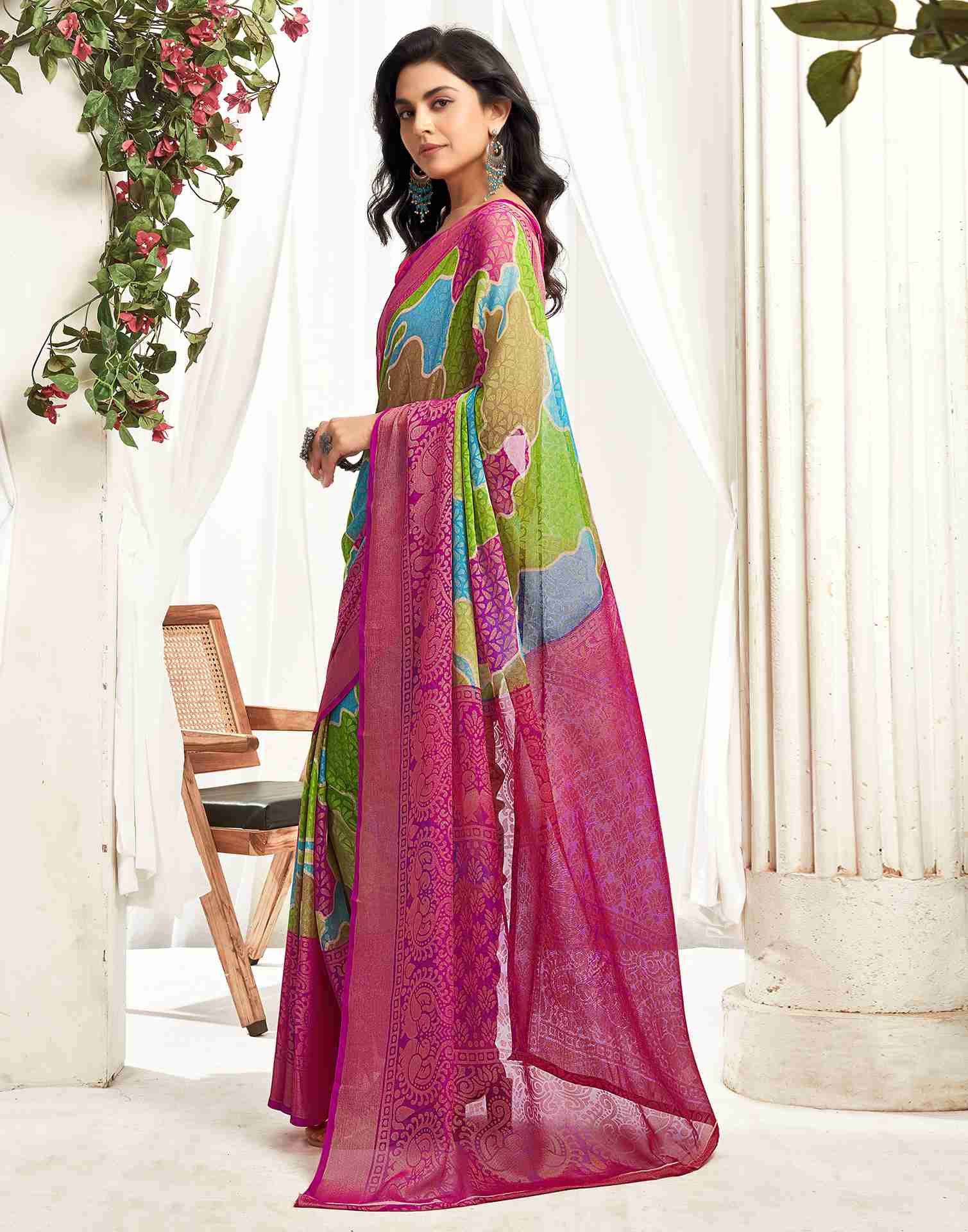 Rani Pink Chiffon Woven Printed Saree