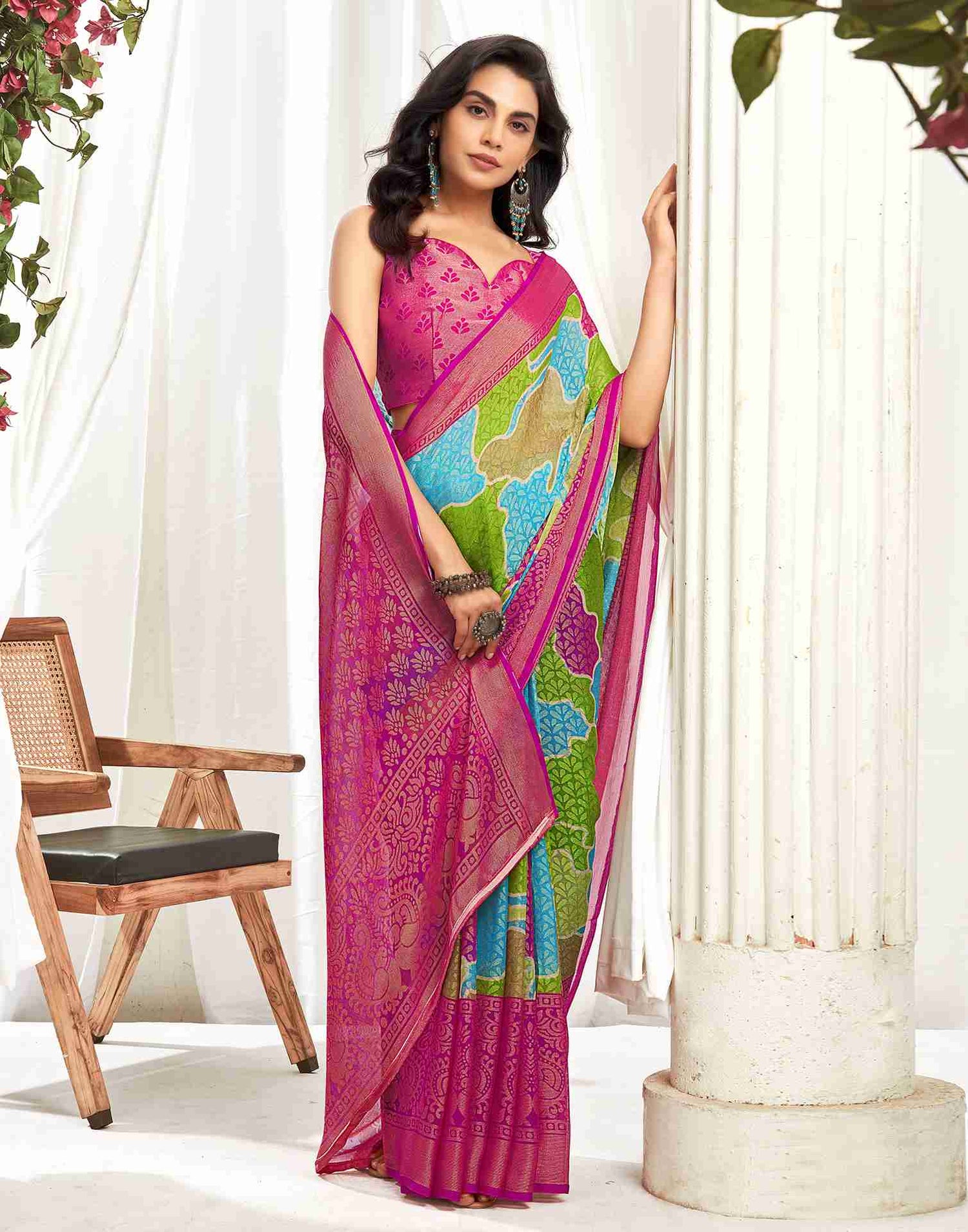 Rani Pink Chiffon Woven Printed Saree