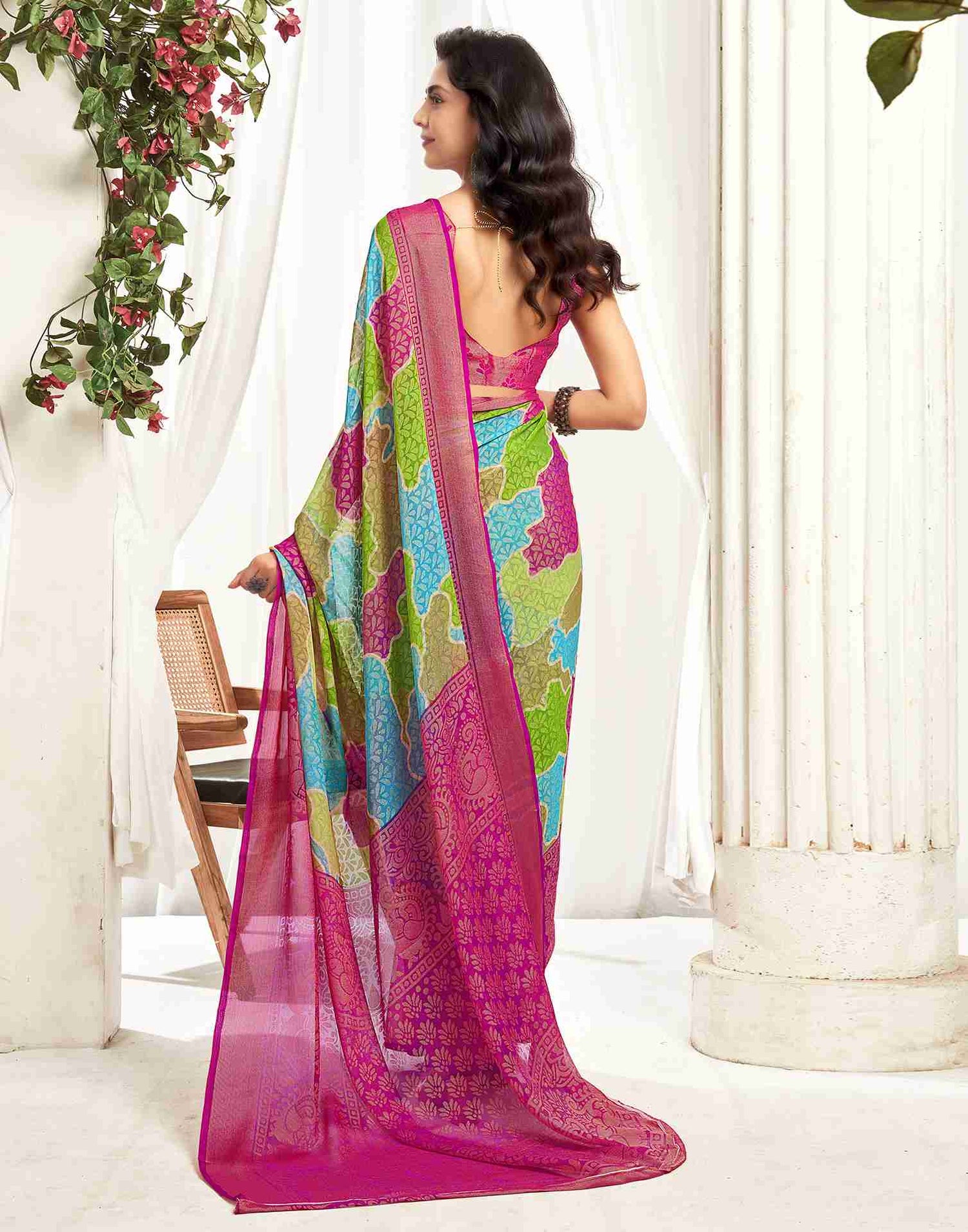 Rani Pink Chiffon Woven Printed Saree