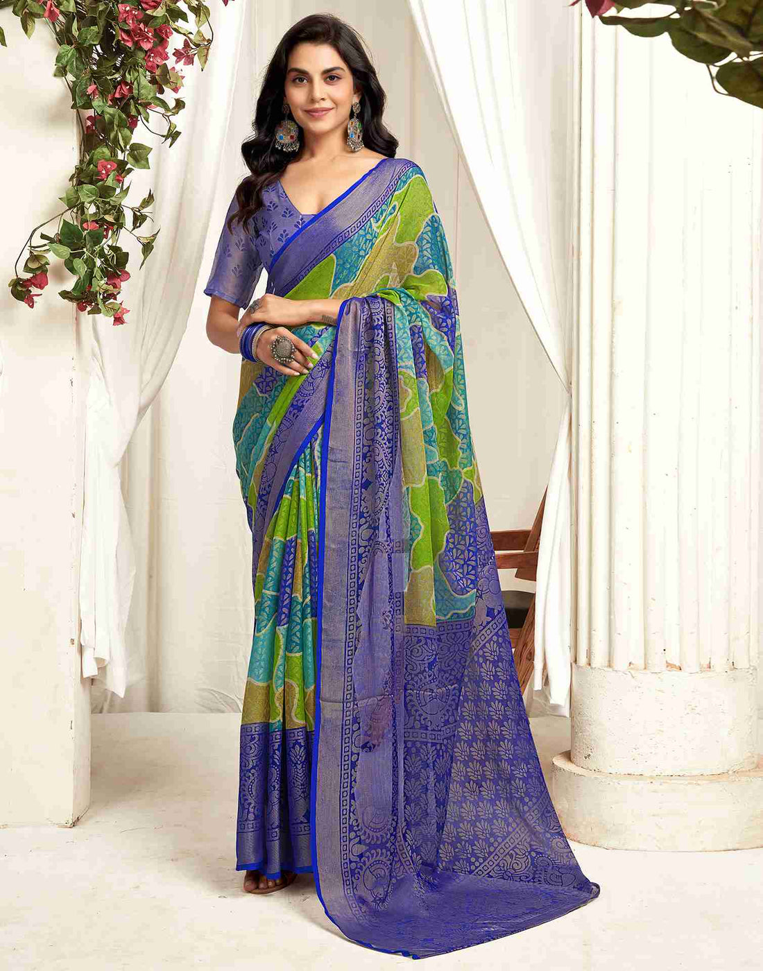 Dark Blue Chiffon Woven Printed Saree