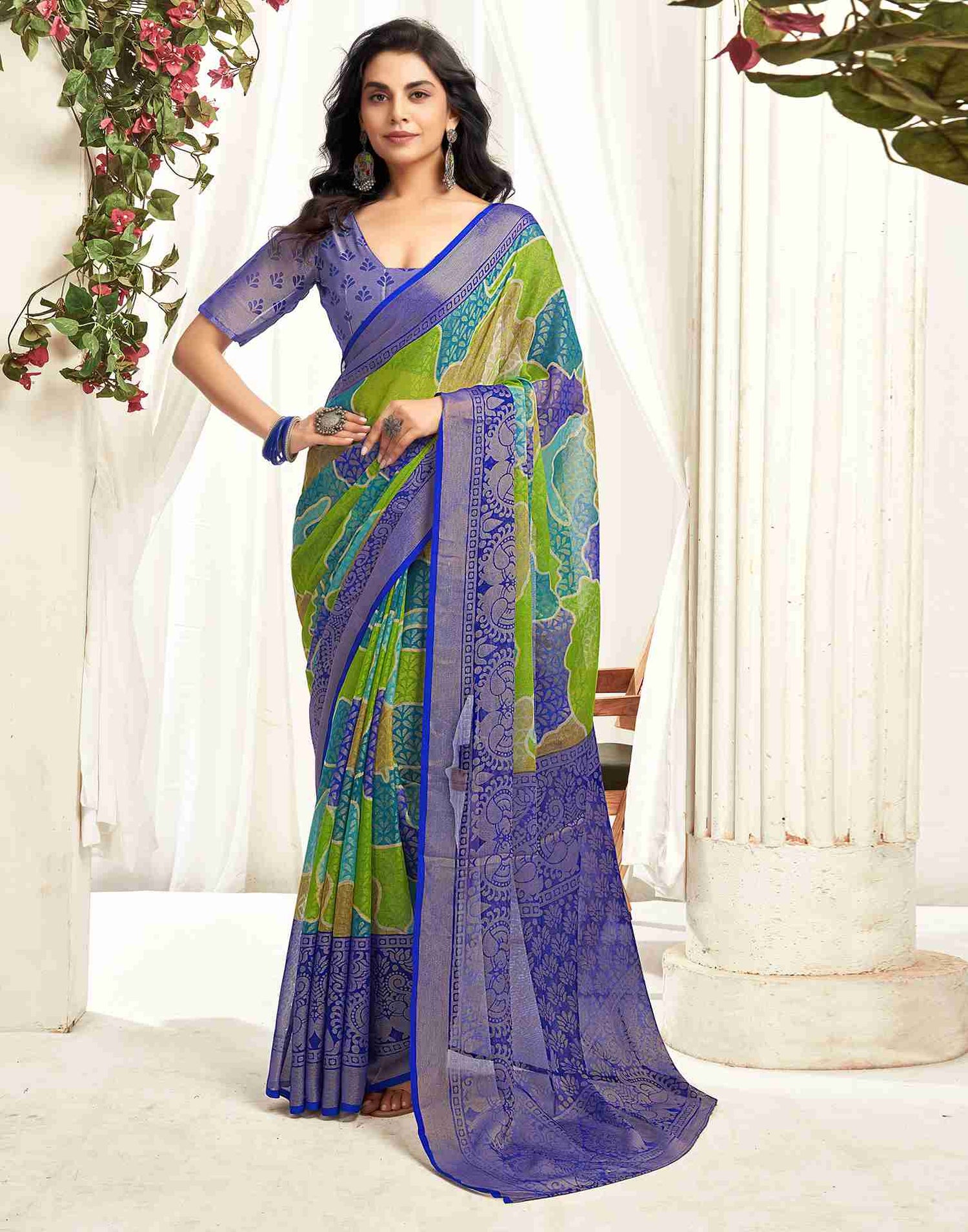 Dark Blue Chiffon Woven Printed Saree