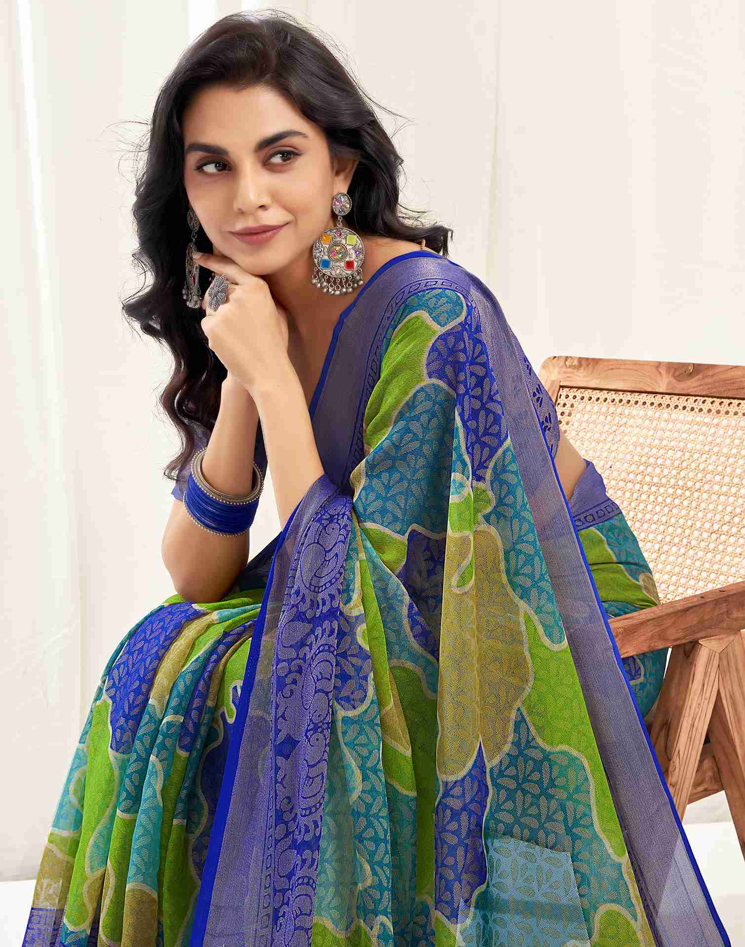 Dark Blue Chiffon Woven Printed Saree