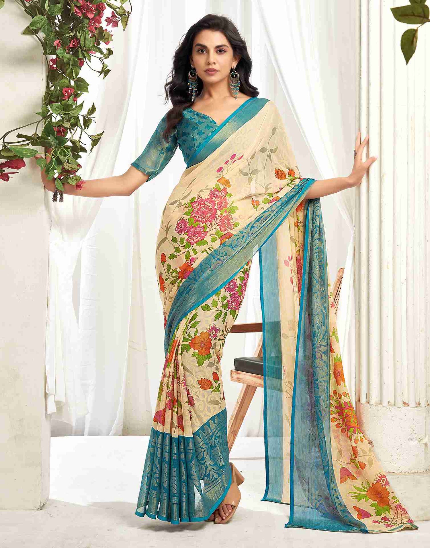 Cream Chiffon Woven Printed Saree