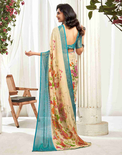 Cream Chiffon Woven Printed Saree