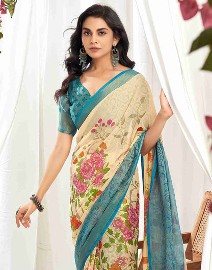 Cream Chiffon Woven Printed Saree