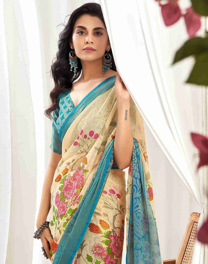 Cream Chiffon Woven Printed Saree