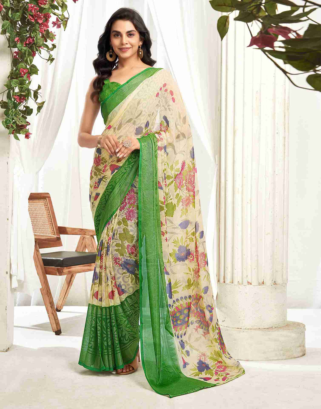 Cream Chiffon Woven Printed Saree