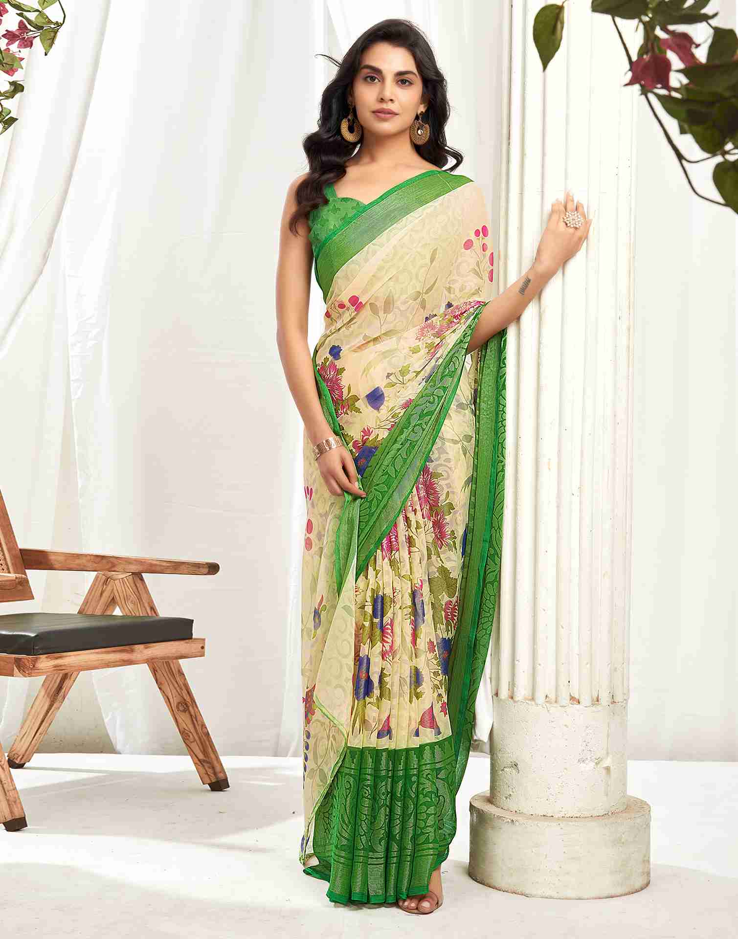 Cream Chiffon Woven Printed Saree