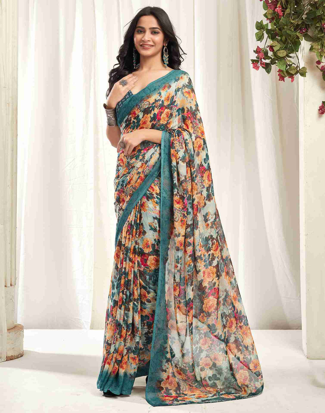 Rama Green Georgette Printed Saree