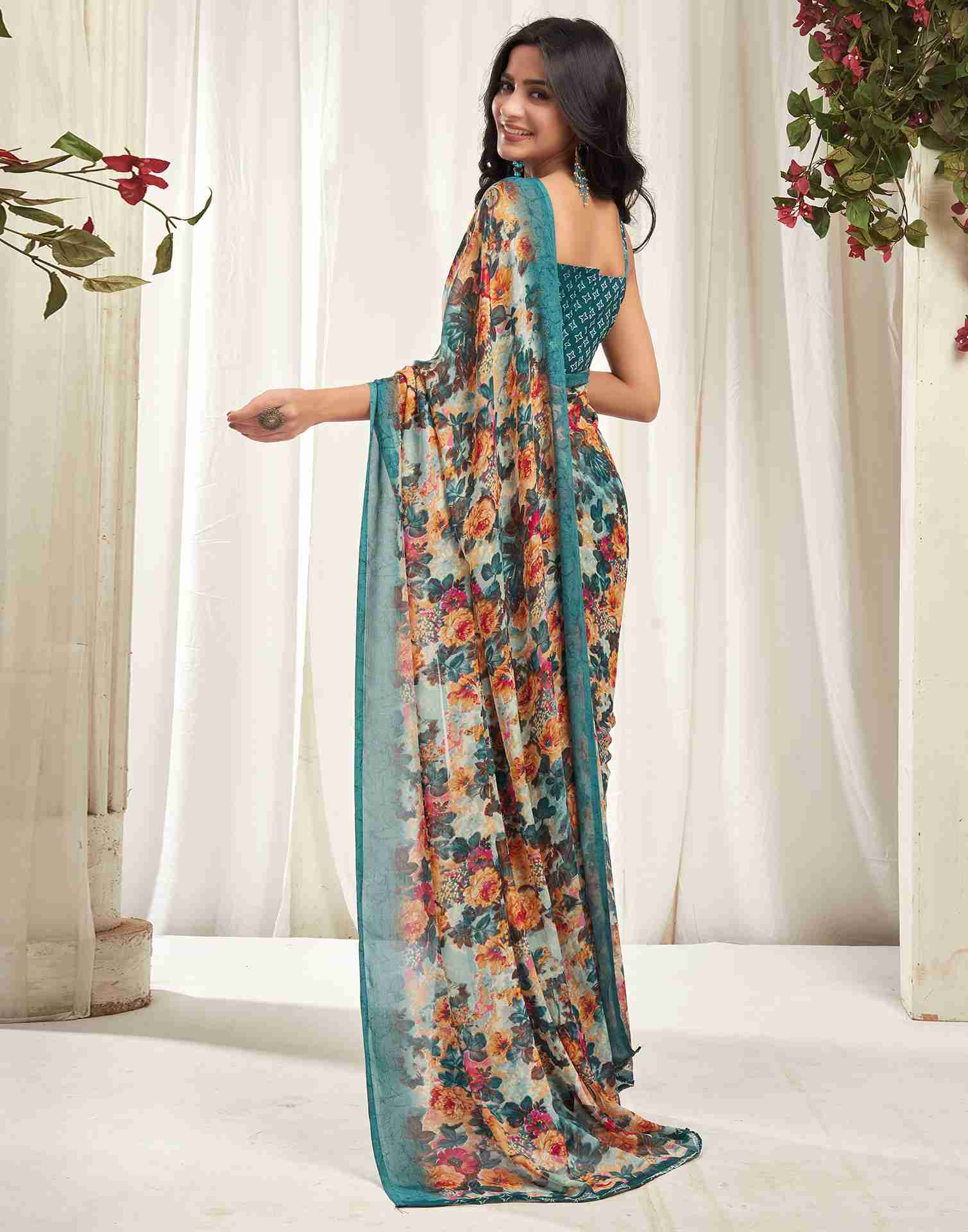 Rama Green Georgette Printed Saree