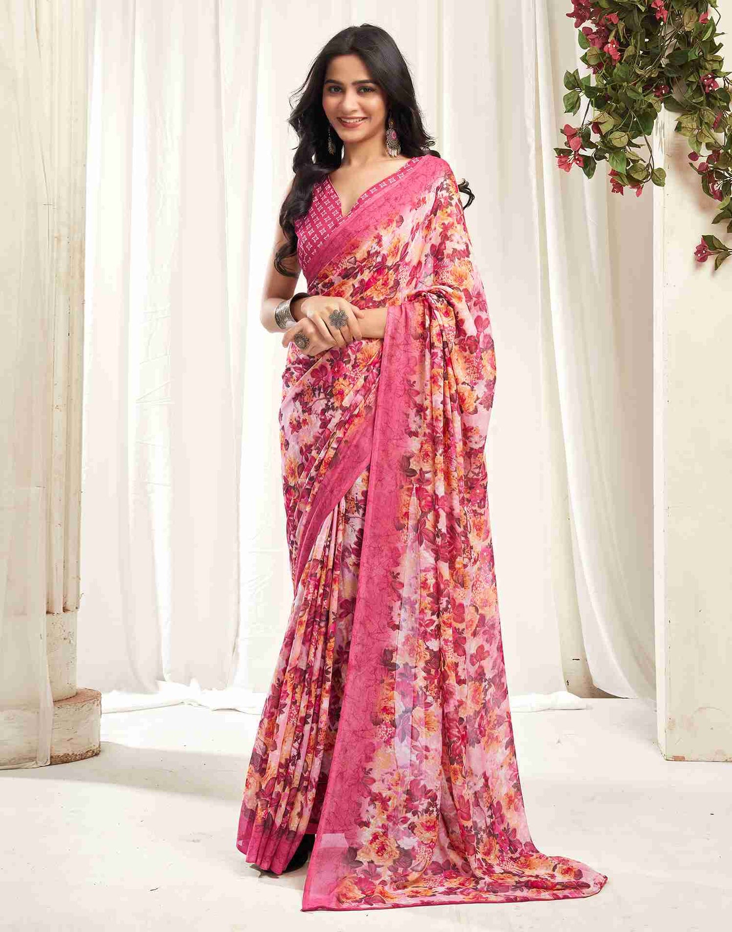 Pink Georgette Printed Saree