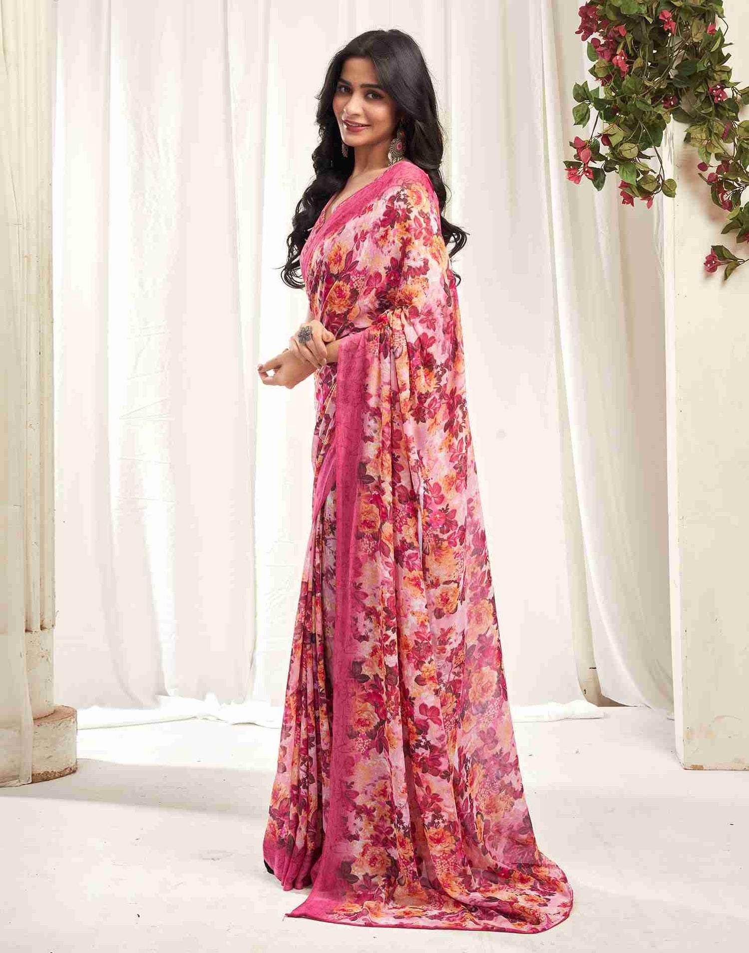 Pink Georgette Printed Saree