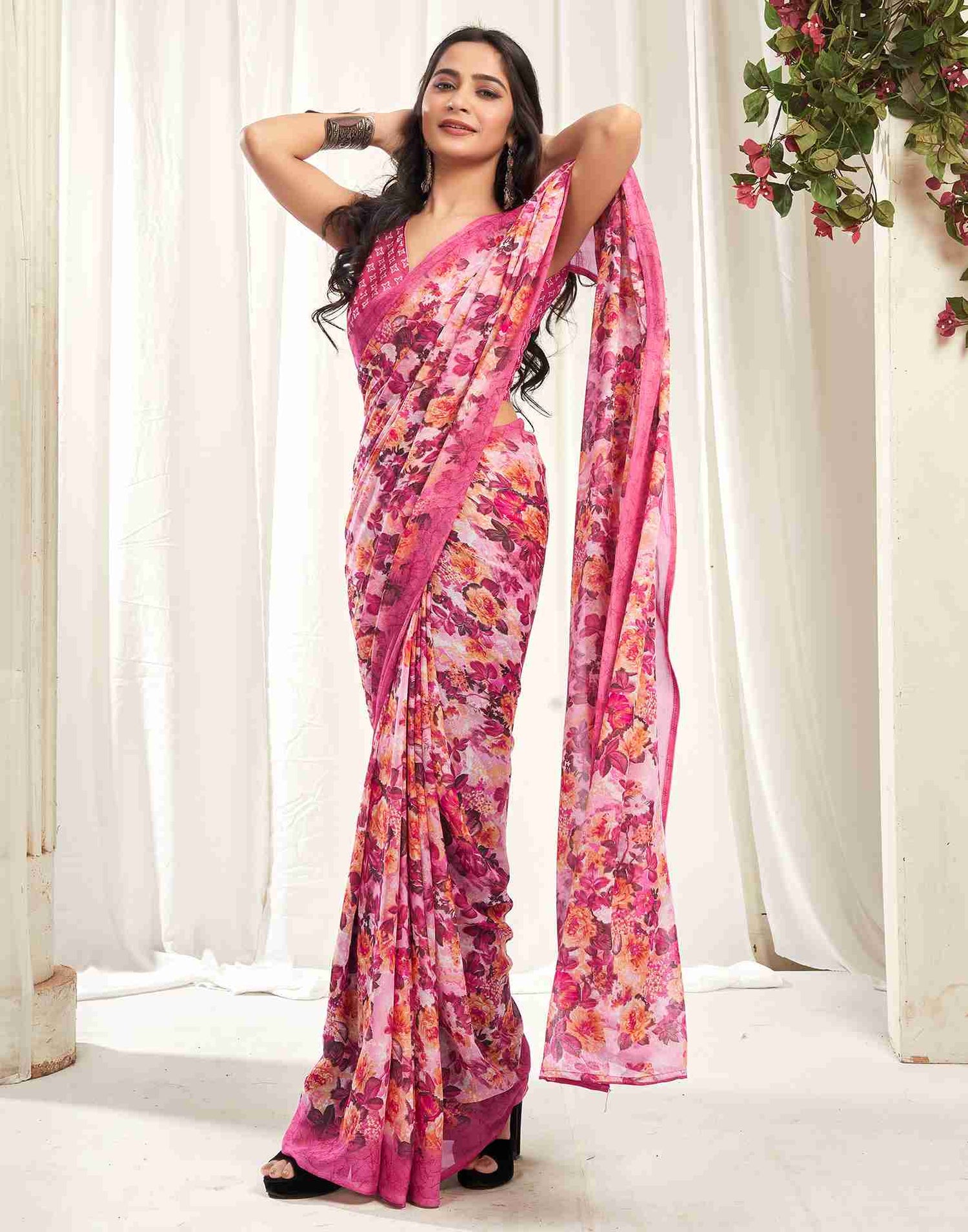 Pink Georgette Printed Saree