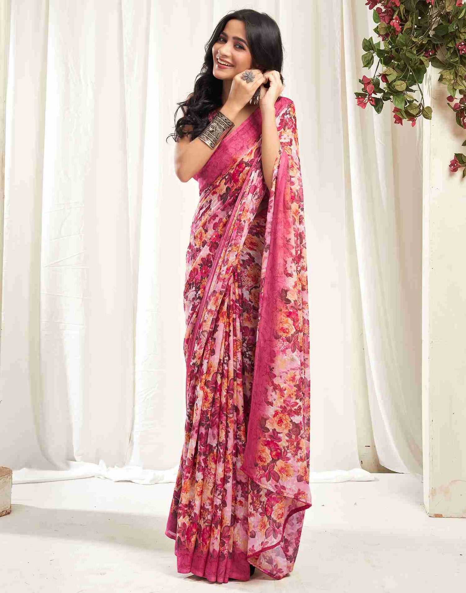 Pink Georgette Printed Saree