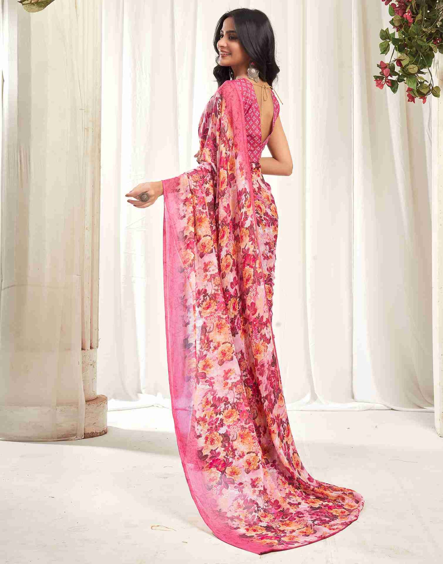 Pink Georgette Printed Saree