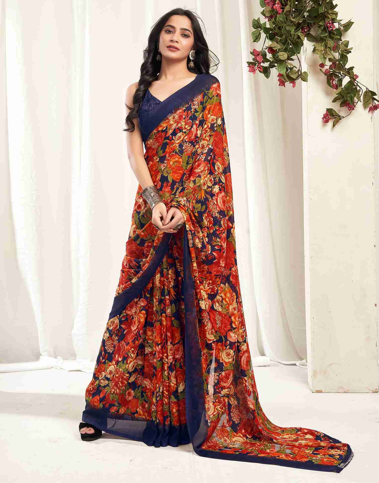 Navy Blue Georgette Printed Saree