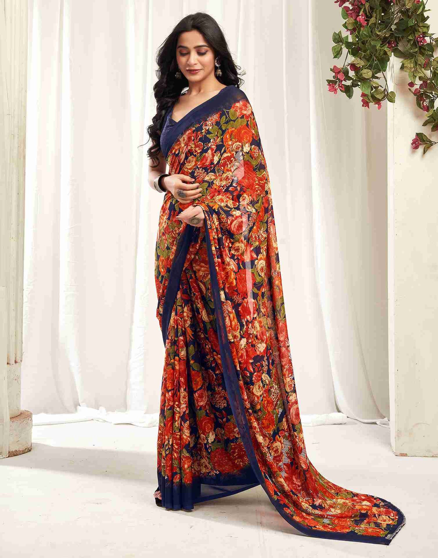 Navy Blue Georgette Printed Saree