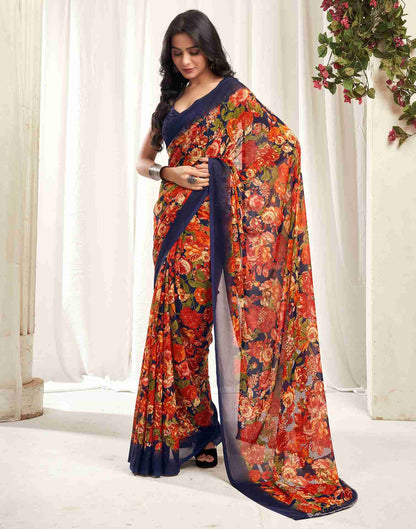 Navy Blue Georgette Printed Saree