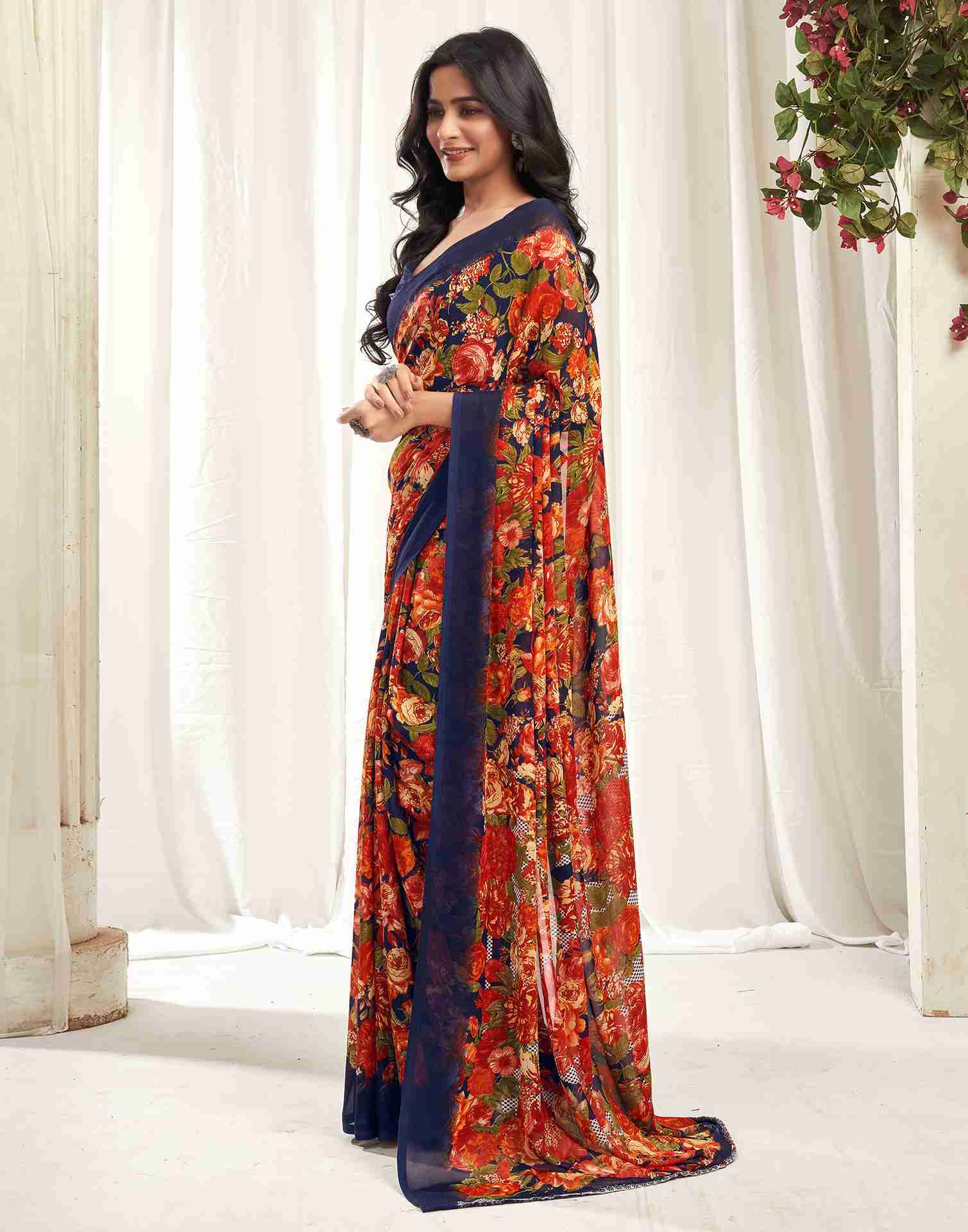 Navy Blue Georgette Printed Saree