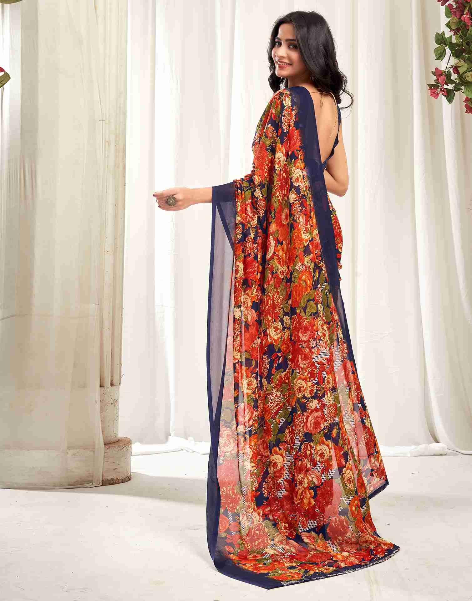 Navy Blue Georgette Printed Saree