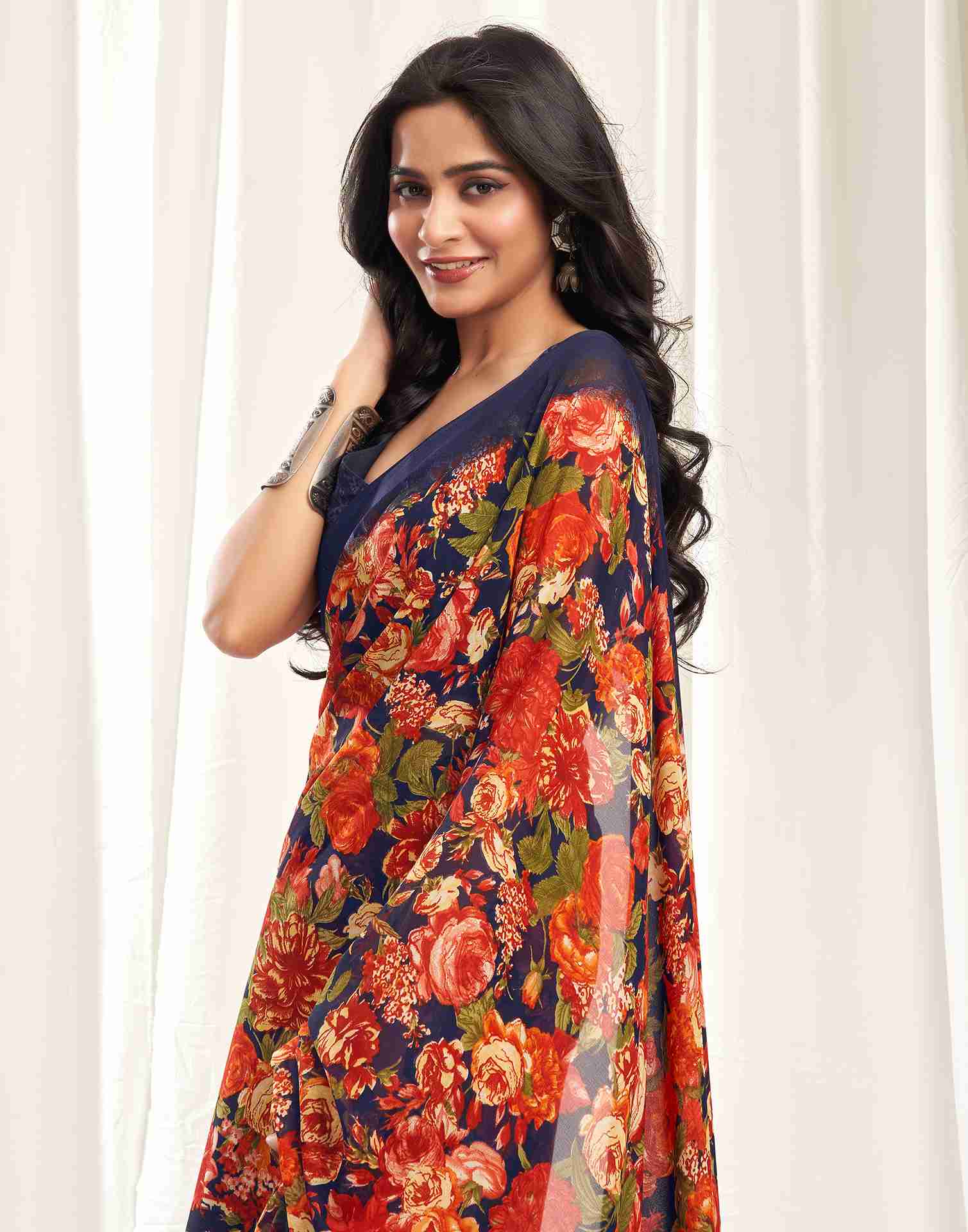 Navy Blue Georgette Printed Saree