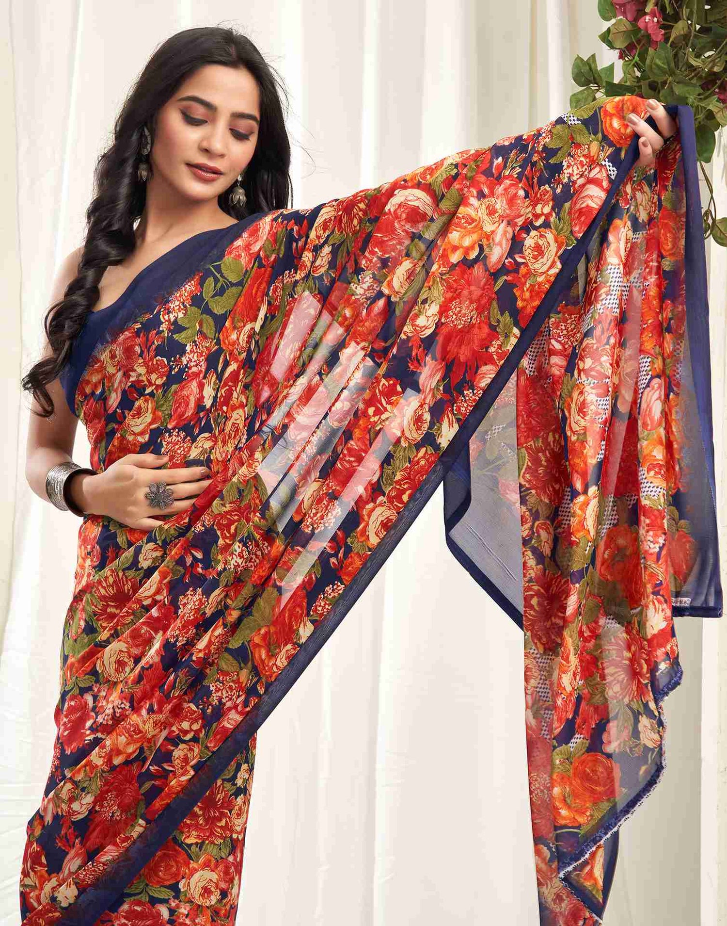 Navy Blue Georgette Printed Saree